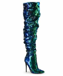Pleaser Shoes By Pleaser USA COURTLY-3011 Pleaser Shoes Green Iridescent Sequin Thigh High Sexy Boot Halloween Costume Footwear