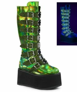 Women's Demonia Footwear DAMNED-318 Demonia Shoes Lime Hologram Platform Knee High Boot