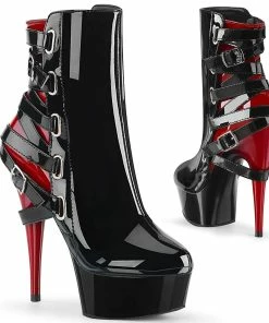 Pleaser Shoes By Pleaser USA DELIGHT-1012 Pleaser Shoes Black & Red Buckle Stripper Bootie Halloween Costume Footwear