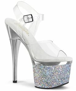 Pleaser Shoes By Pleaser USA ESTEEM-708CHLG Pleaser Shoes Silver Holographic Platform Exotic Dancer Shoes 7 Inch Heels