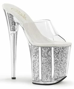 Pleaser Shoes By Pleaser USA FLAMINGO-801G Pleaser Shoes Silver Glitter Platform Stripper Shoes 8 Inch Heels