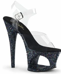 Pleaser Shoes By Pleaser USA MOON-708LG Pleaser Shoes Black Glitter Clearance Exotic Dancer Shoe 7 Inch Heels