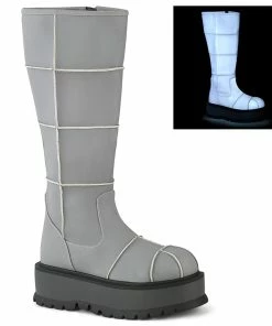 Demonia Shoes SLACKER-230 Demonia Boots Grey Reflective Gothic Boots Knee High And Mid Calf Boots