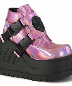 Demonia Shoes STOMP-15 Pink Hologram Platform Demonia Bootie Women's Demonia Footwear