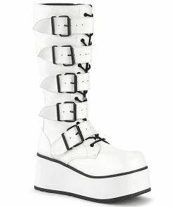 TRASHVILLE-518 Demonia Shoes White Vegan Leather Knee High Gothic Boot